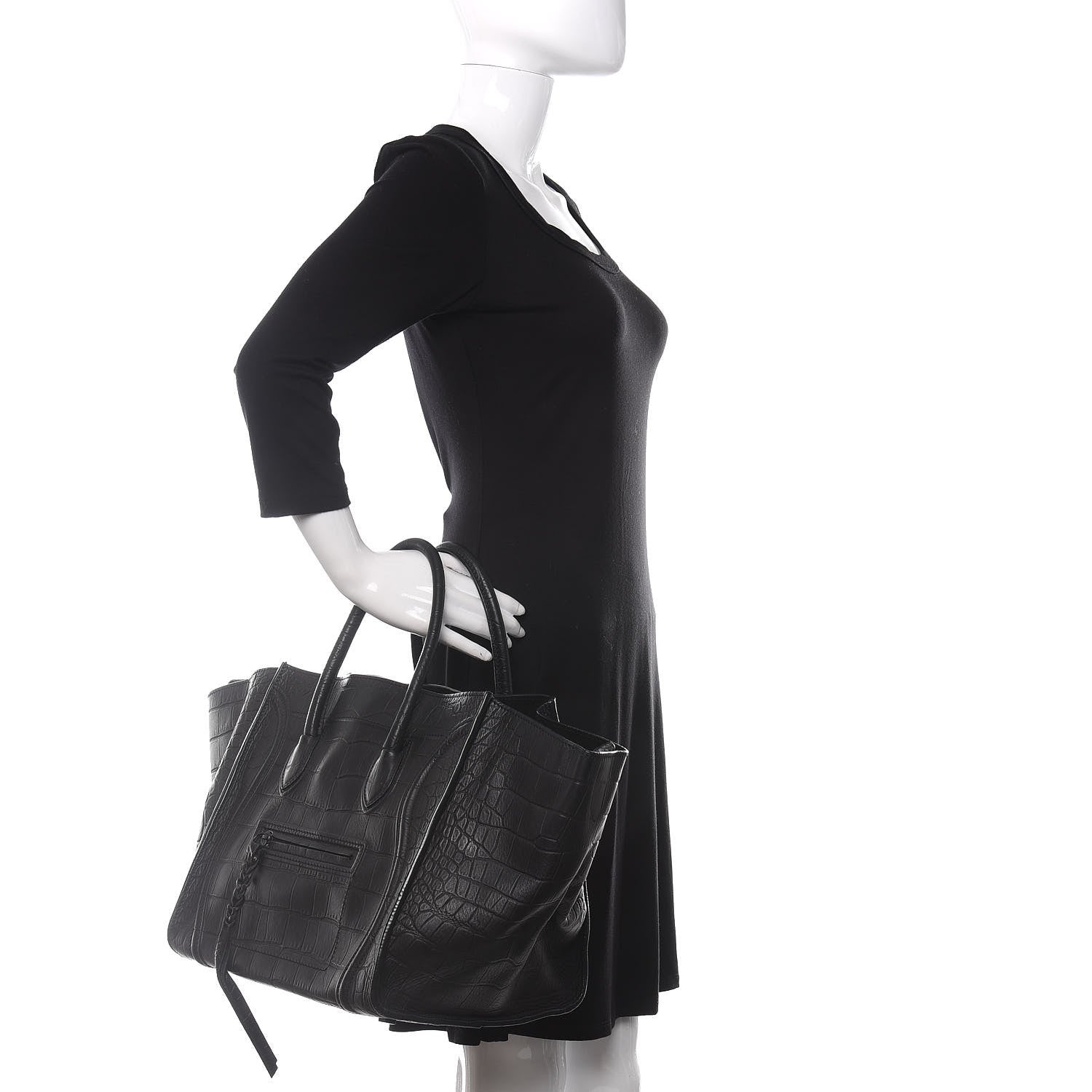 Celine Crocodile Embossed Calfskin Medium Phantom Luggage Black 2 of 12
