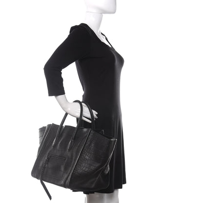 Celine Crocodile Embossed Calfskin Medium Phantom Luggage Black 2 of 12