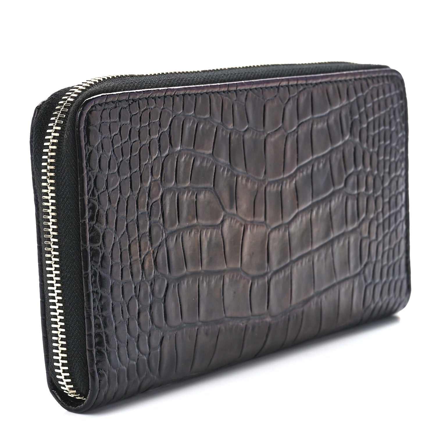Chanel Calfskin Crocodile Embossed Mademoiselle Gabrielle Zip Wallet Black Gold 3 of 12