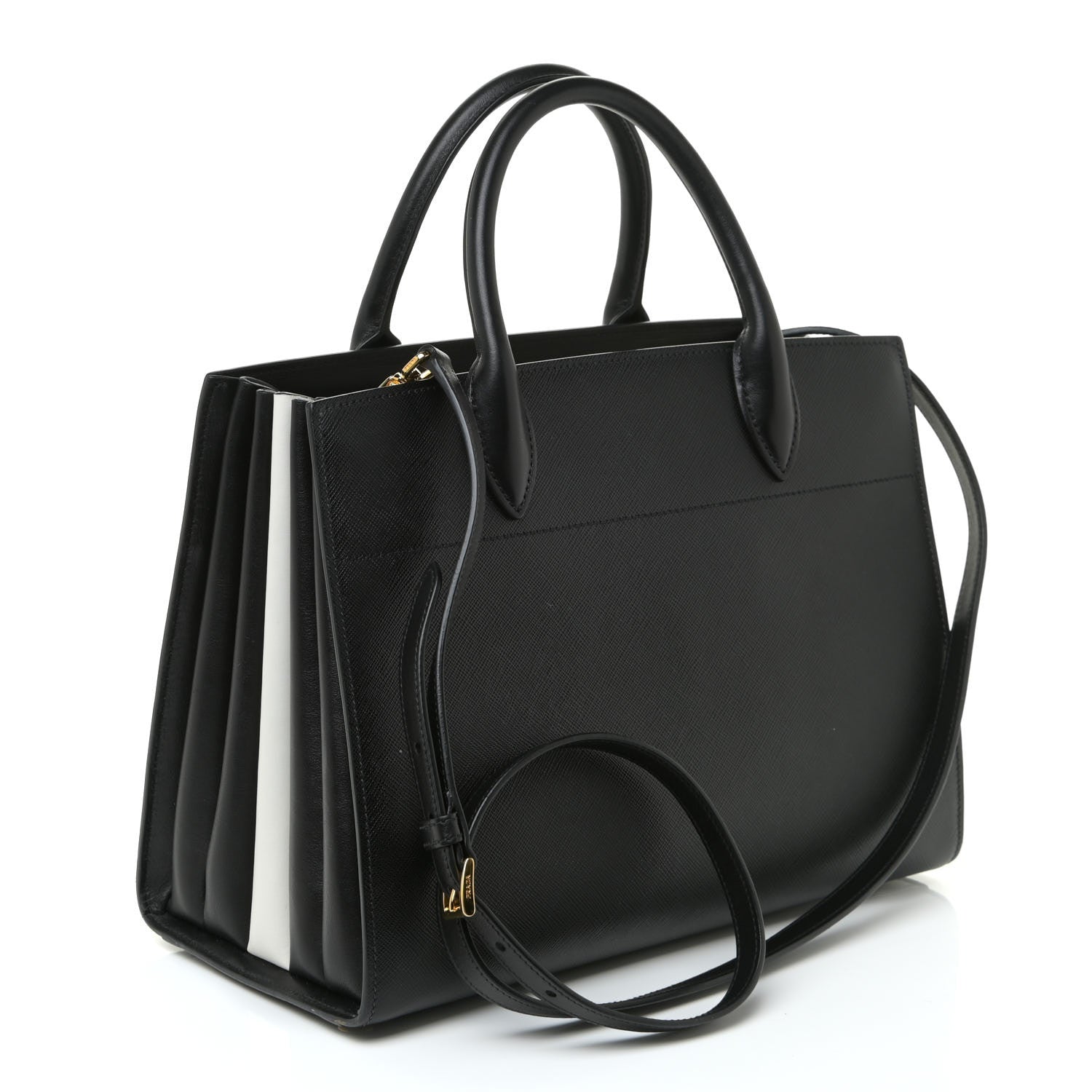 Prada Saffiano City Calfskin Medium Bibliothèque Top Handle Black White 3 of 14