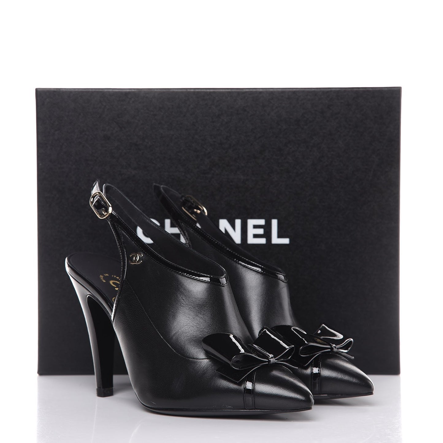 Patent Lambskin CC Bow Slingback Pumps 35.5 Black