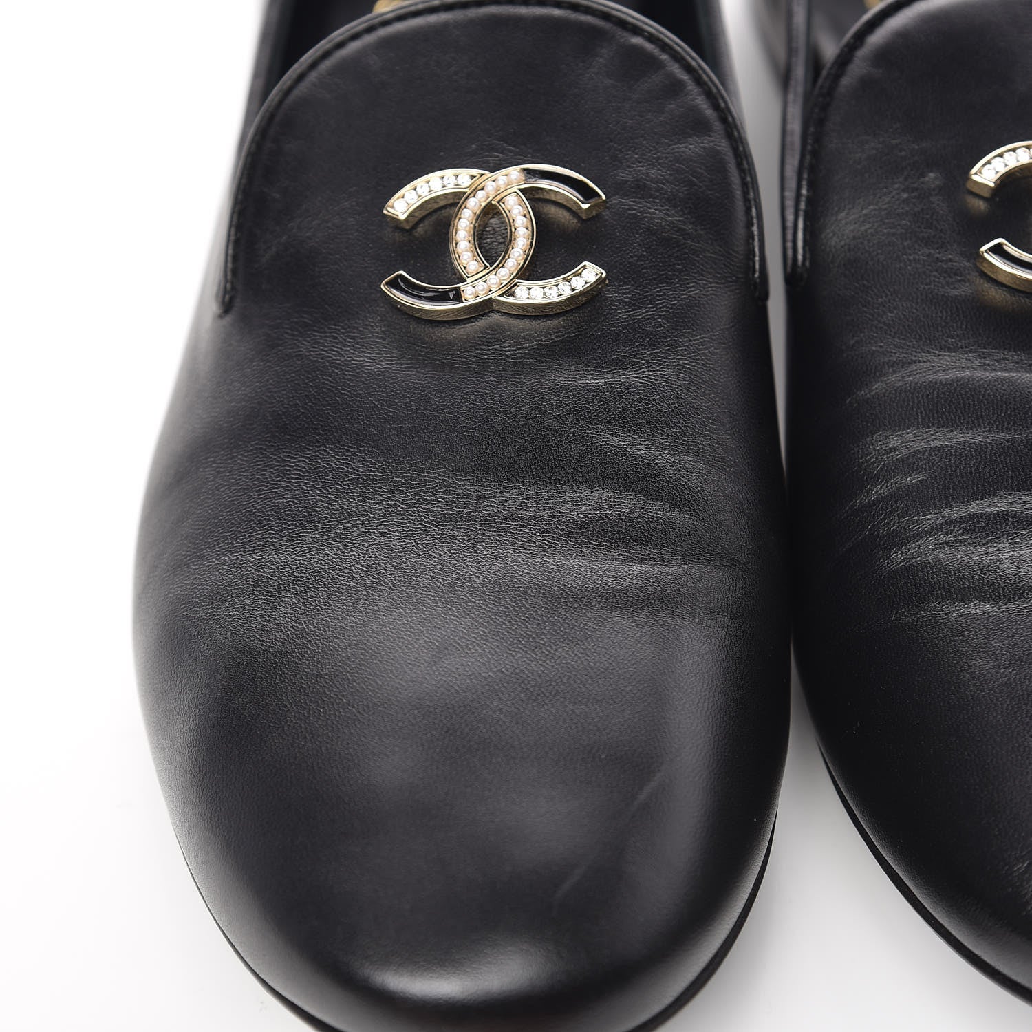Chanel Enamel Pearl Crystal Lambskin Womens CC Mocassin Loafers 42 Black 7 of 15