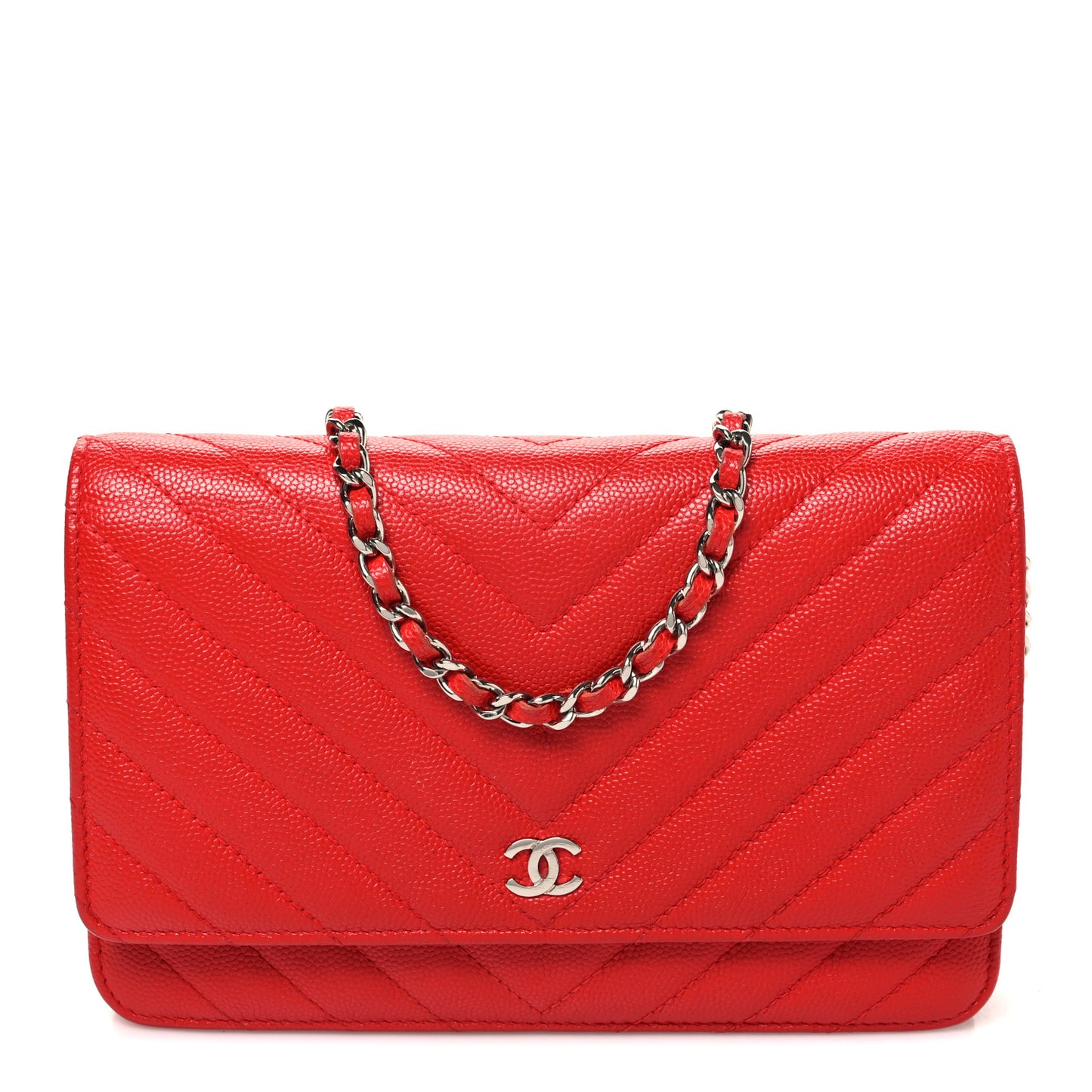 Caviar Chevron Quilted Wallet On Chain WOC Red