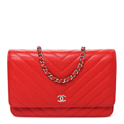 Chanel Caviar Chevron Quilted Wallet On Chain WOC Red 1 of 11