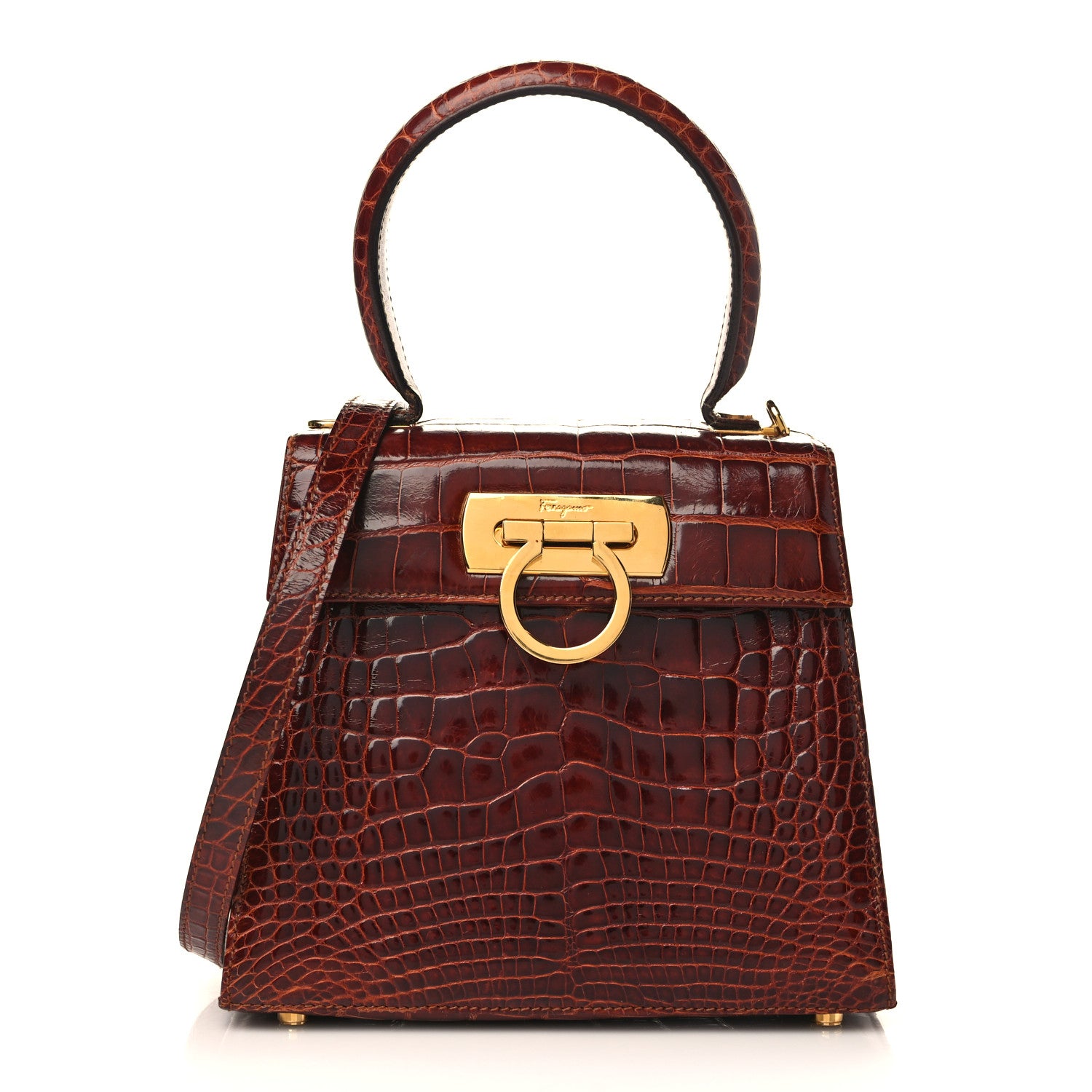 Salvatore Ferragamo Crocodile Gancini 2-Way Top Handle Bag Brown 1 of 9
