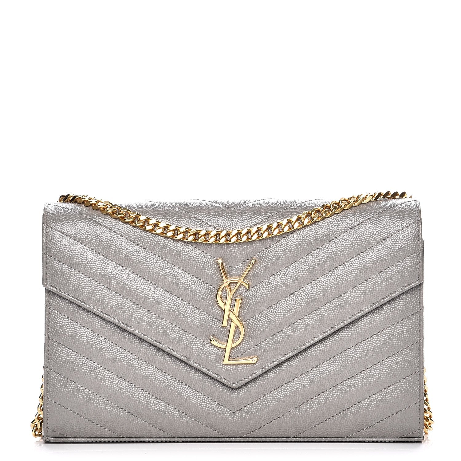 Saint Laurent Grain De Poudre Matelasse Chevron Monogram Chain Wallet Oyster Grey 1 of 7