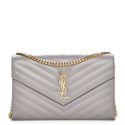 Saint Laurent Grain De Poudre Matelasse Chevron Monogram Chain Wallet Oyster Grey 1 of 7