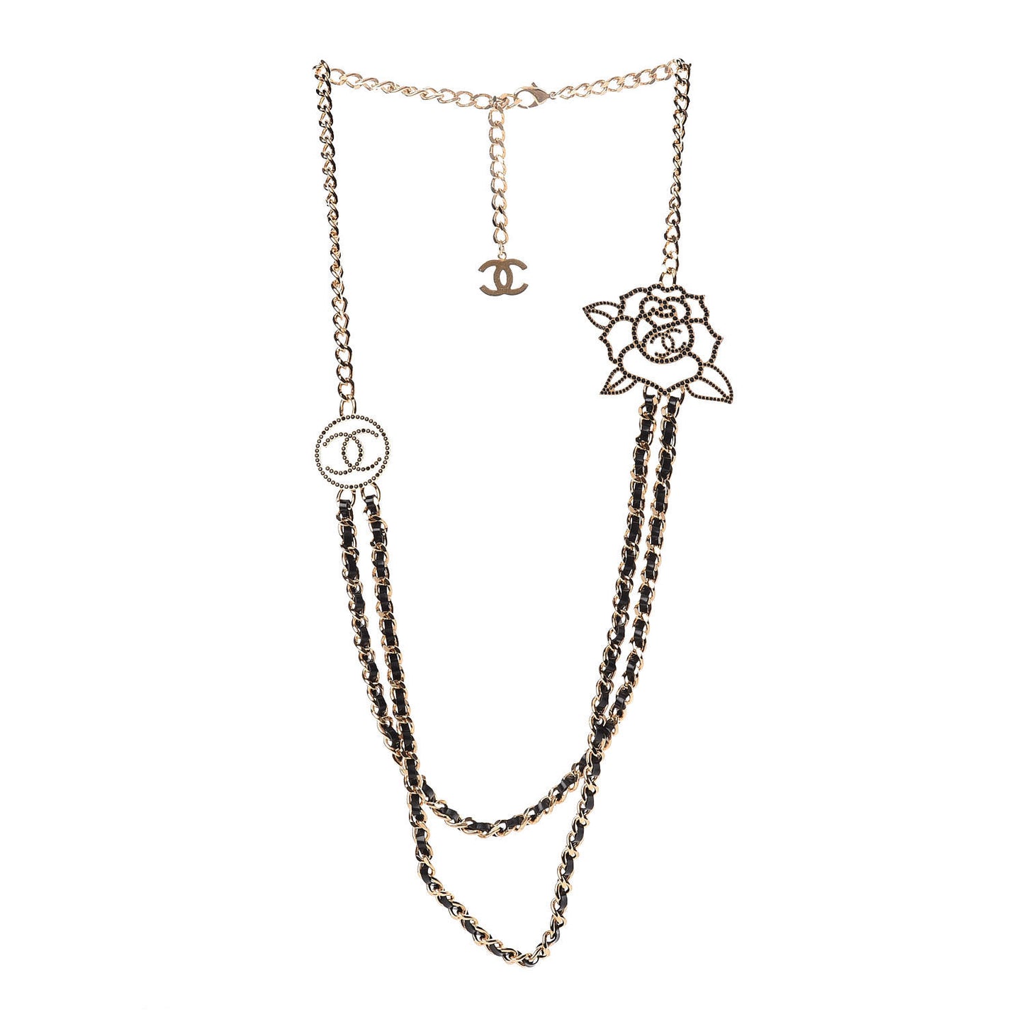 Glazed Calfskin Crystal CC Camellia Long Necklace Gold