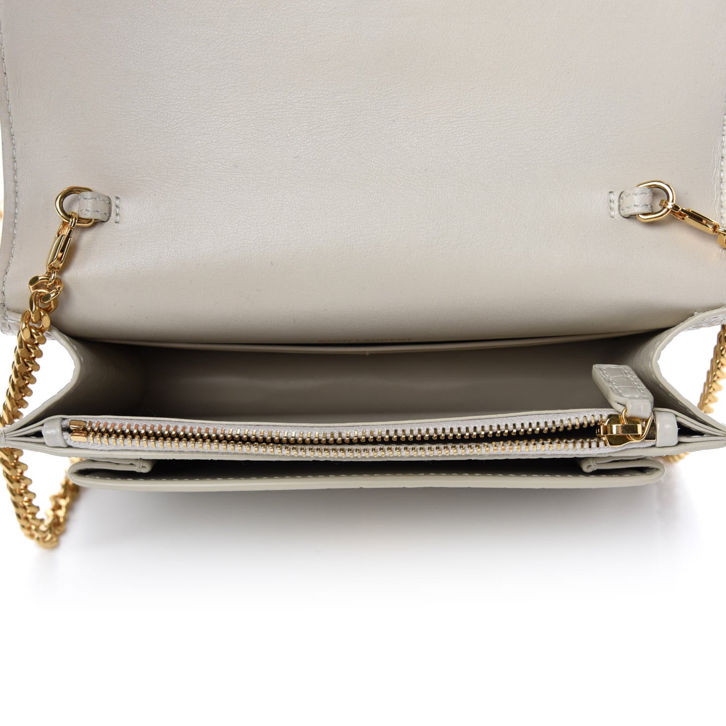 Calfskin Crocodile Embossed Monogram Sunset Chain Wallet Blanc Vintage