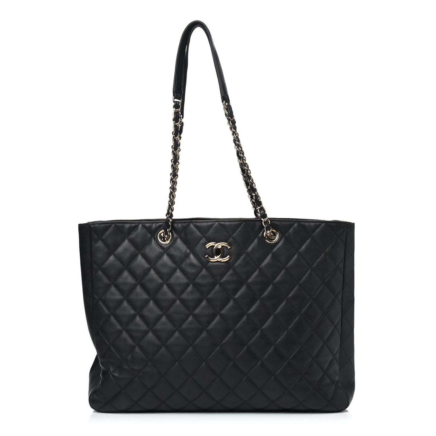 Calfskin Quilted Large CC Shopping Tote Black