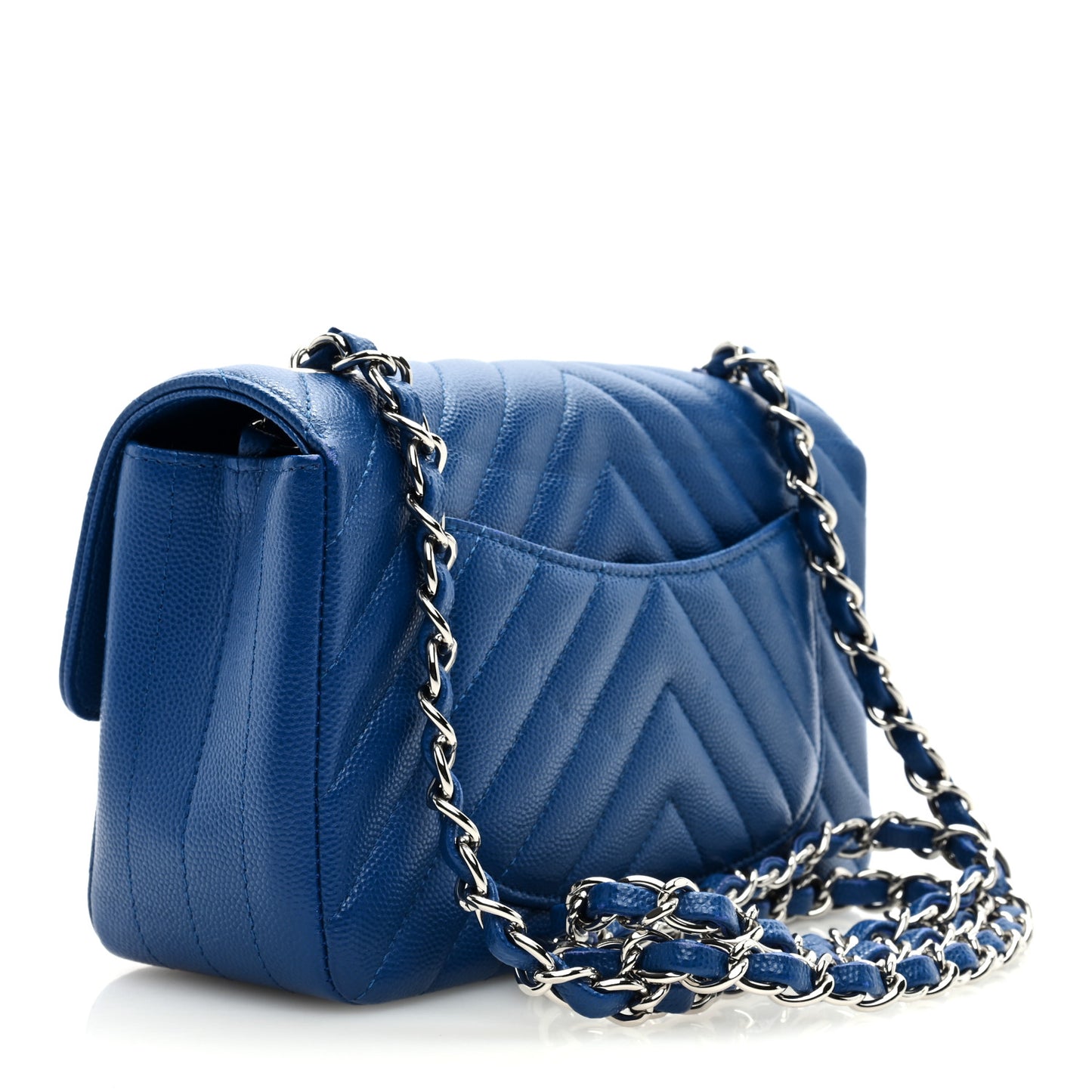 Caviar Chevron Quilted Mini Rectangular Flap Blue