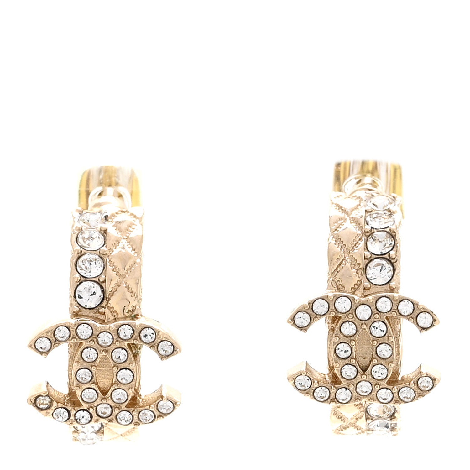 Chanel Metal Crystal Quilted CC Hoop Earrings Gold 1 of 5