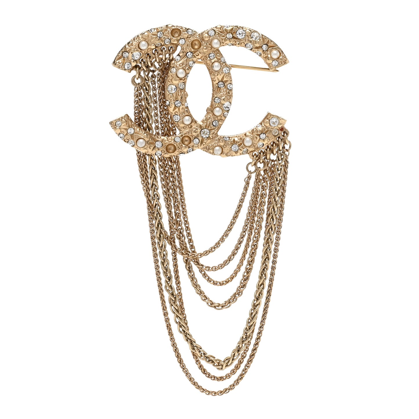 Crystal Pearl Multi Strand Chain CC Brooch Gold