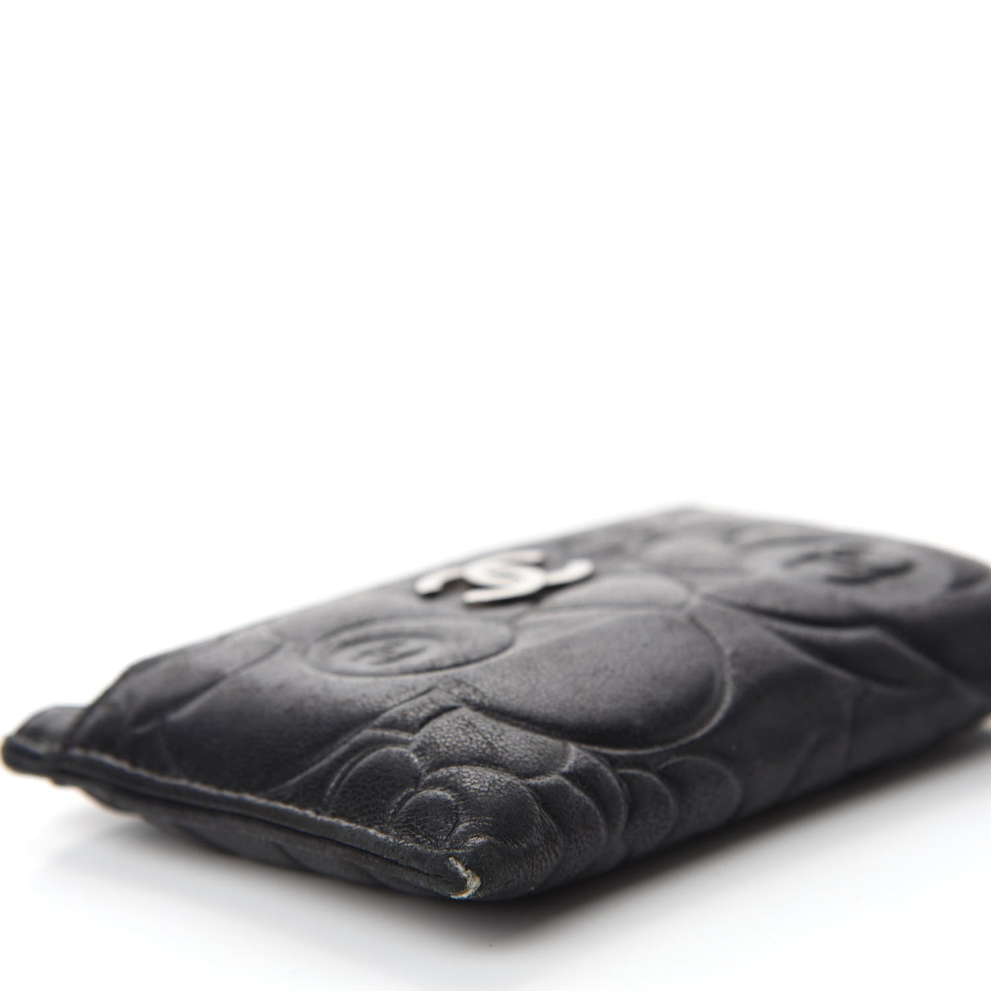 Lambskin Camellia Embossed Card Holder Black