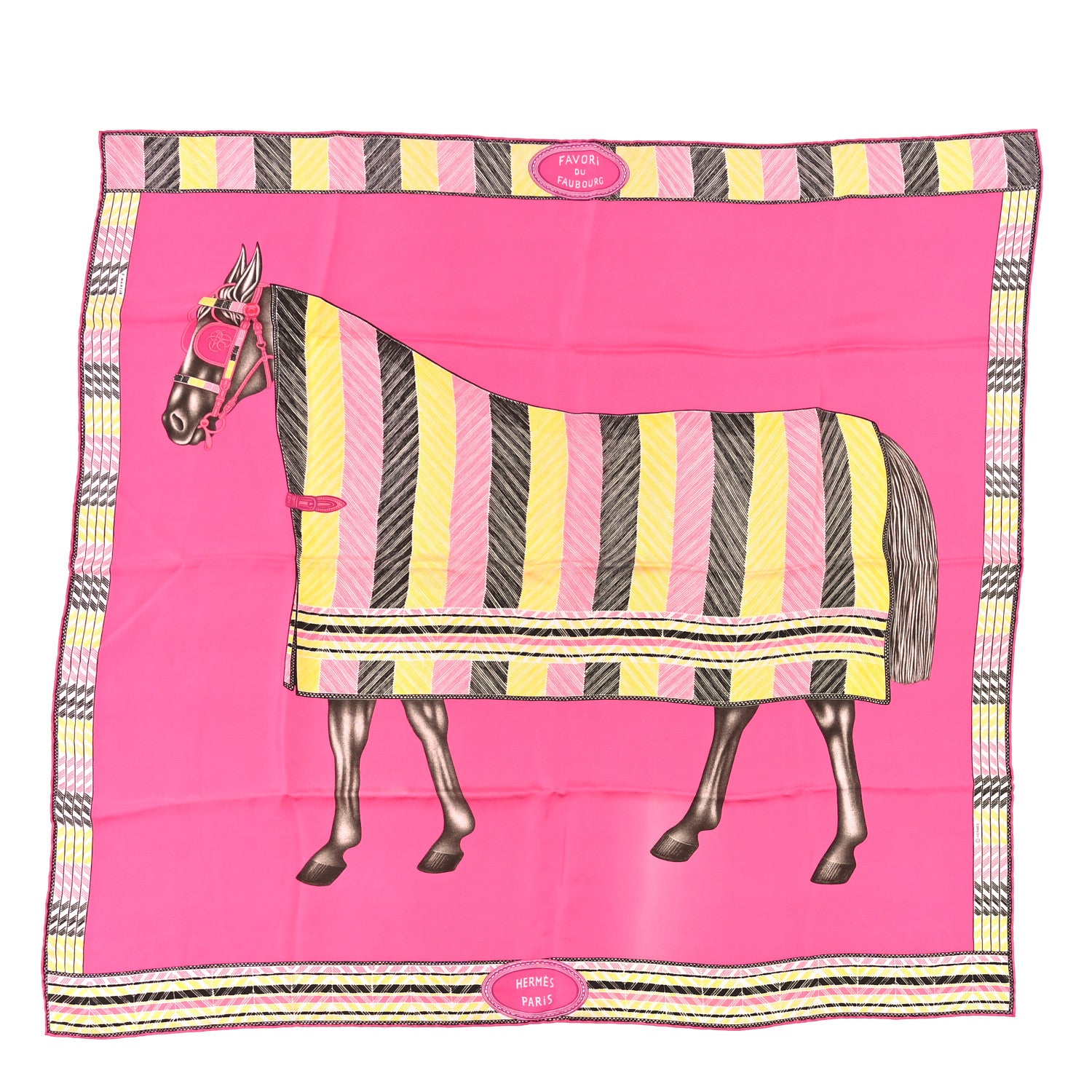 Hermes Silk Favori Du Faubourg Scarf 90 Rose Black Jaune 1 of 4