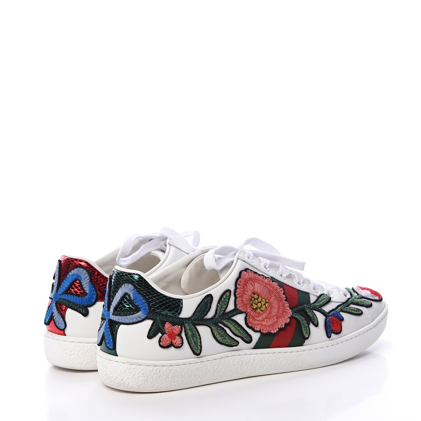 Calfskin Web Floral Embroidered Womens Ace Sneakers 38.5 White