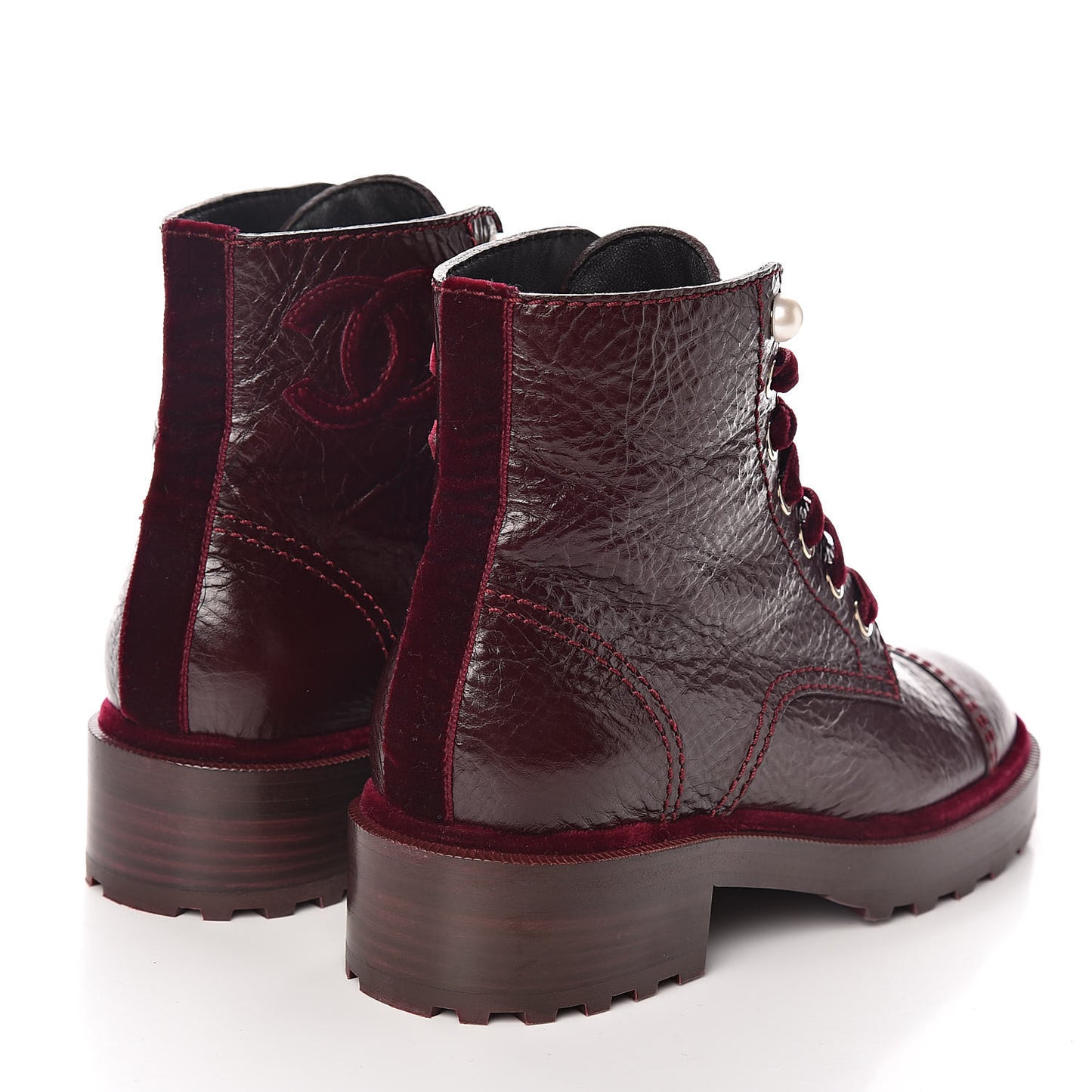 Calfskin Velvet Pearl Combat Short Boots 37 Burgundy