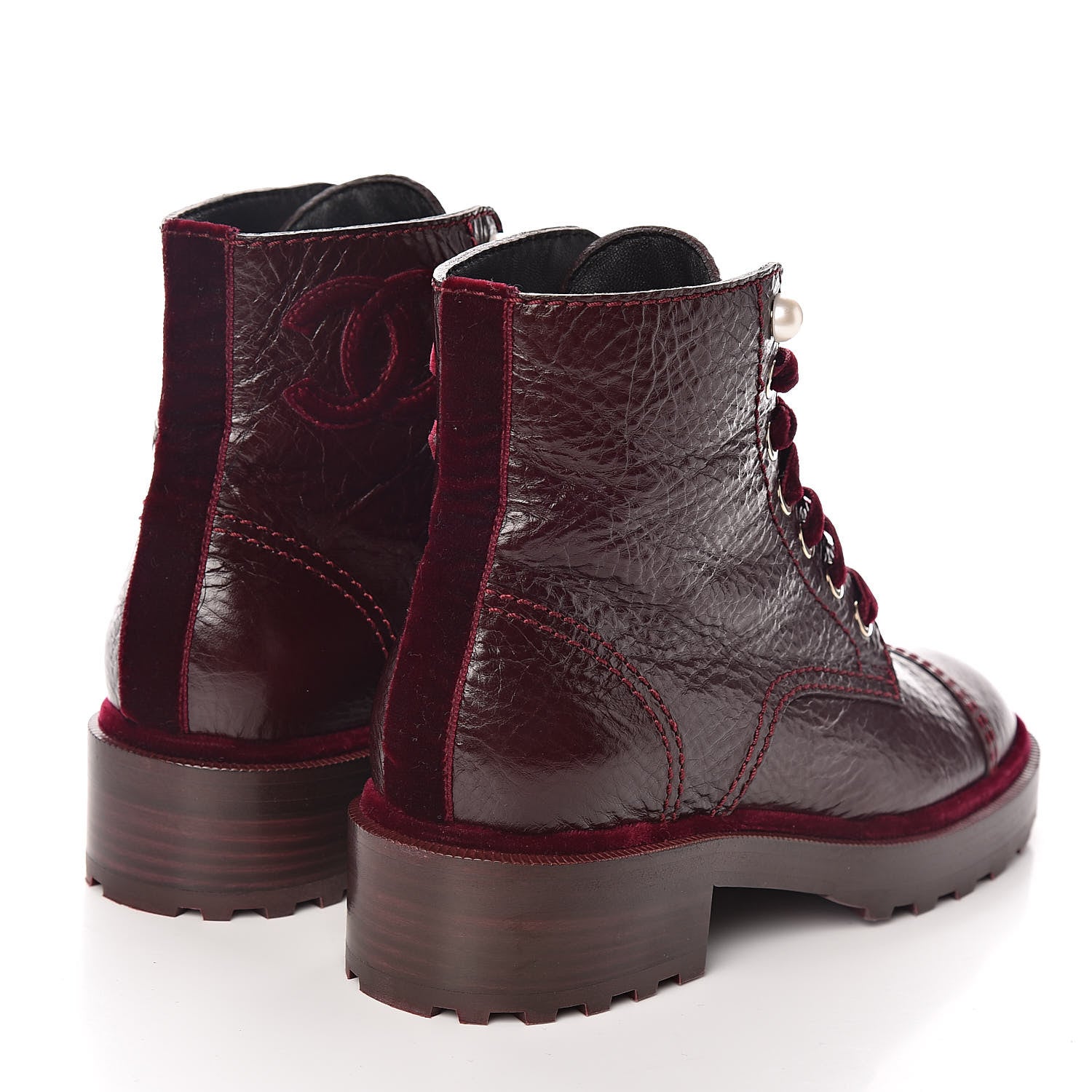 Chanel Calfskin Velvet Pearl Combat Short Boots 37 Burgundy 4 of 8