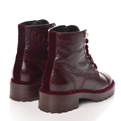 Chanel Calfskin Velvet Pearl Combat Short Boots 37 Burgundy 4 of 8