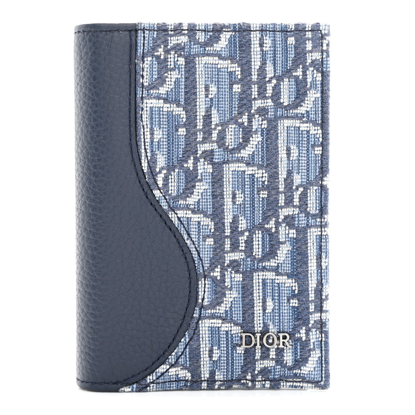 Grained Calfskin Oblique Saddle Bifold Card Holder Blue