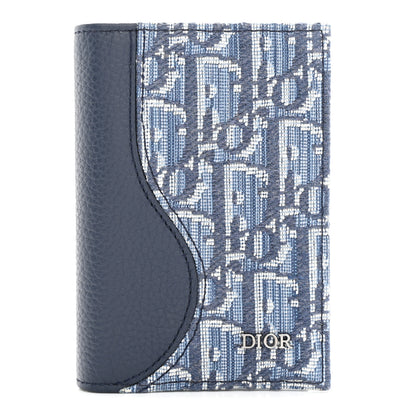 Christian Dior Grained Calfskin Oblique Saddle Bifold Card Holder Blue 1 of 8