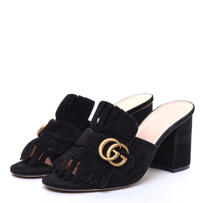 Gucci Kid Scamosciato GG Marmont Fringe 75mm Slide Sandals 40 Black 3 of 8