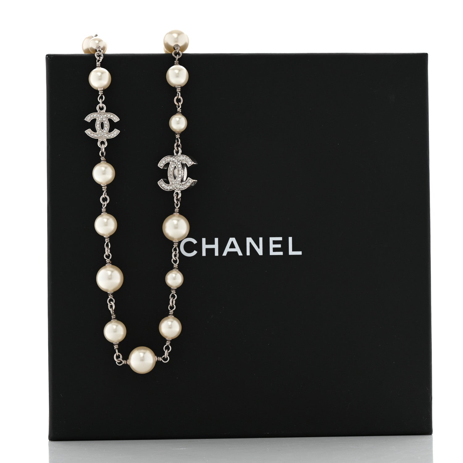 Chanel Crystal Pearl CC Long Necklace Silver Pearly White 8 of 8