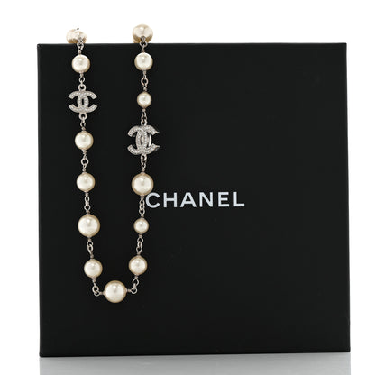 Chanel Crystal Pearl CC Long Necklace Silver Pearly White 8 of 8