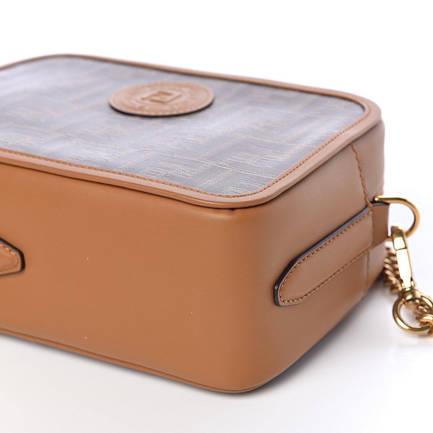 Fendi Glazed Fabric Vitello Century FF 1974 Stamp Patch Camera Case Mogano Panna Caramello 10 of 10