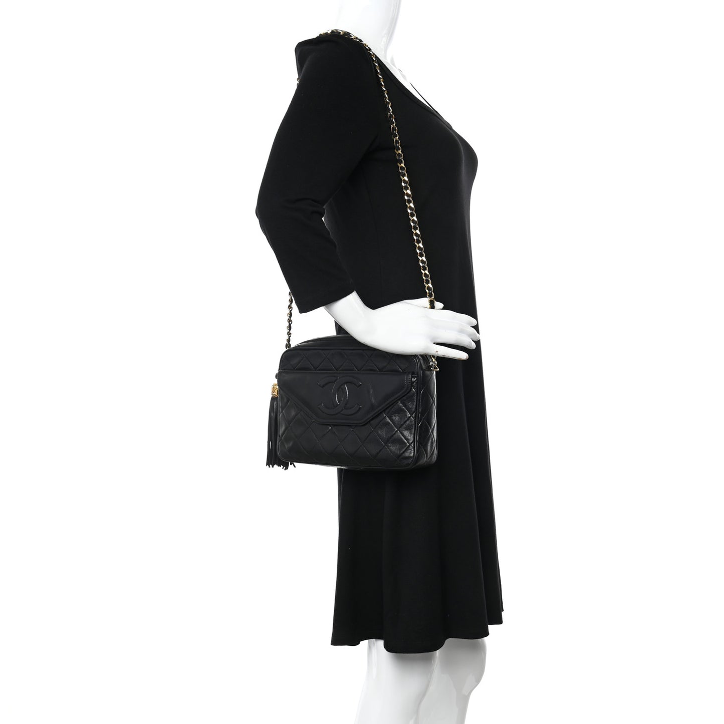 Lambskin Quilted Tassel Camera Case Black