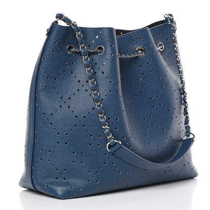 Chanel Caviar Perforated Large Drawstring CC Bag Blue 4 of 13