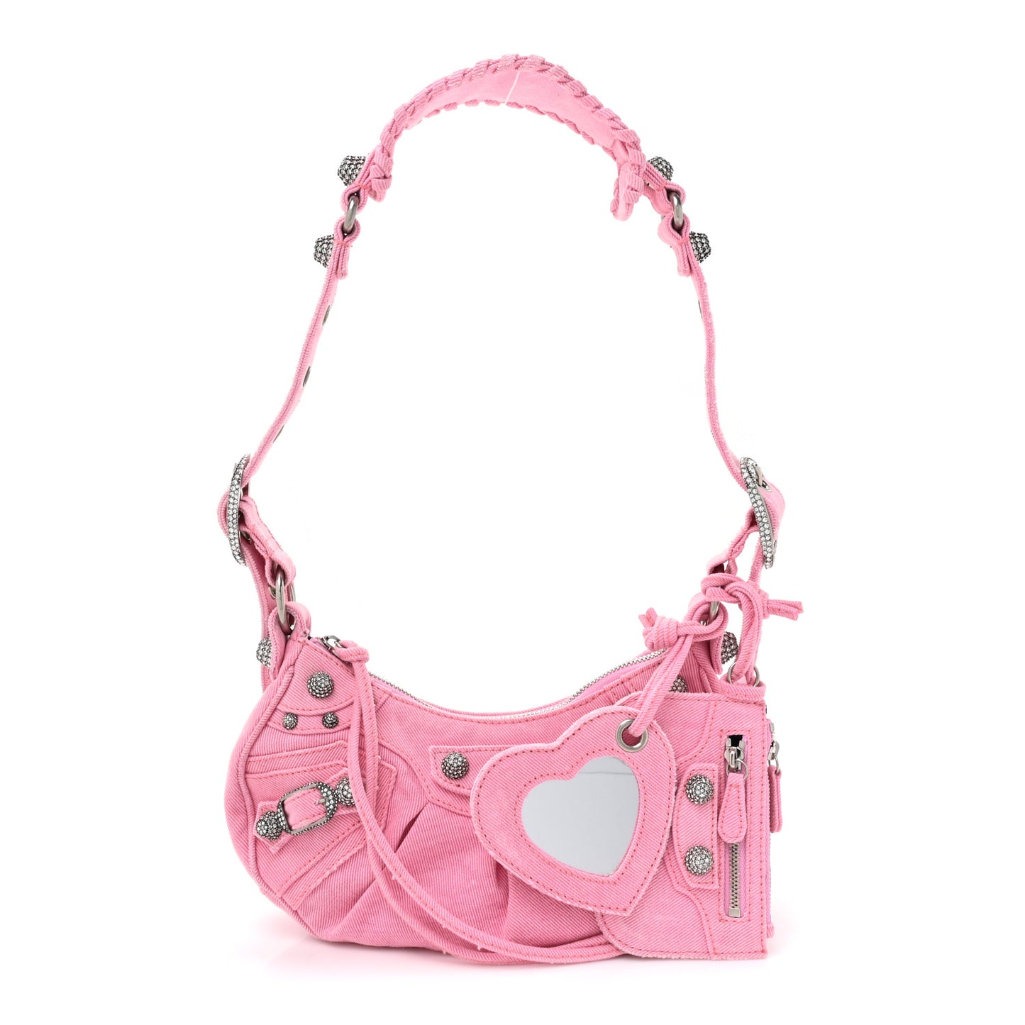 Washed Frayed Denim Crystal Le Cagole Shoulder Bag XS Denim Pink