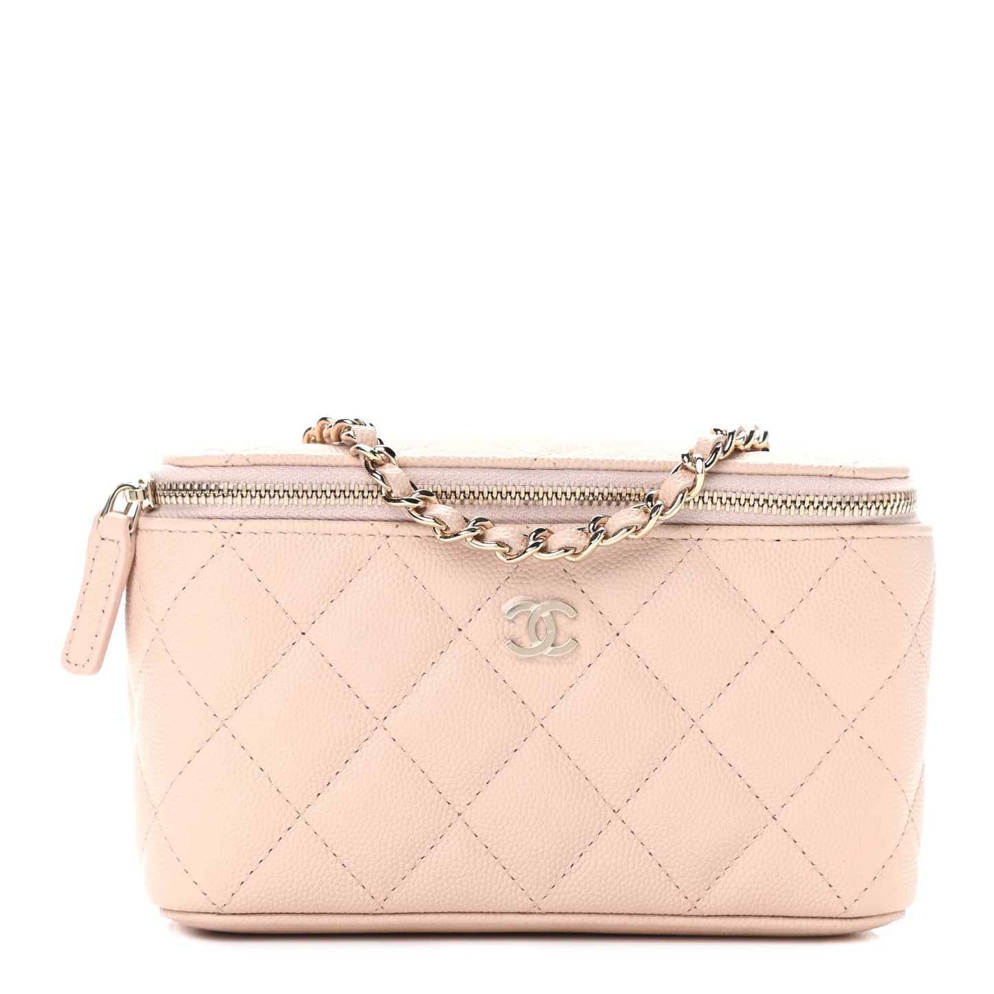 Caviar Quilted Small Vanity Case With Chain Light Beige