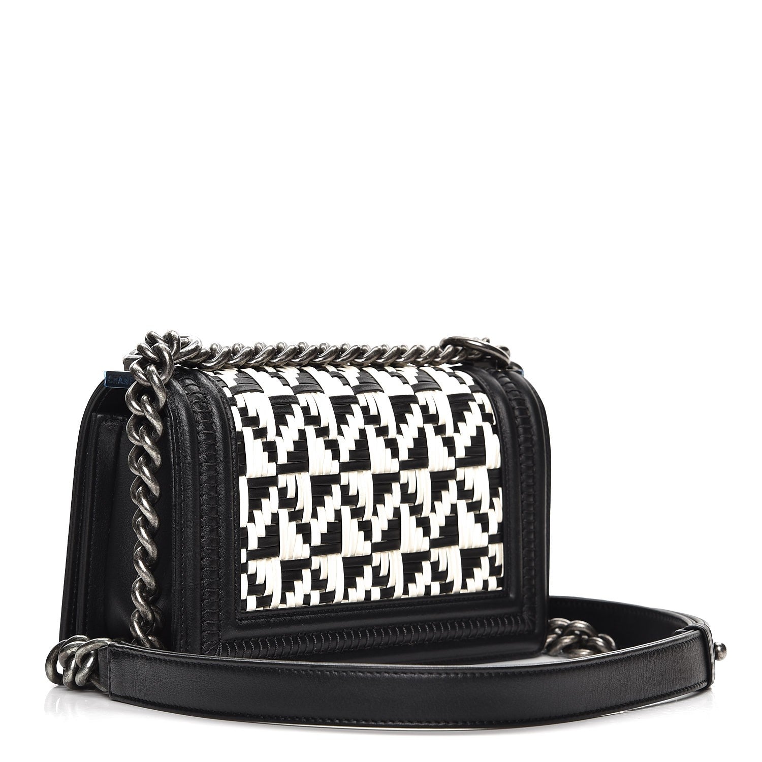 Chanel Calfskin Woven Small Boy Flap Black White 3 of 8