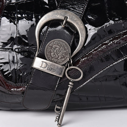 Christian Dior Patent Crocodile Embossed Medium Gaucho Double Saddle Bag Dark Brown 10 of 10