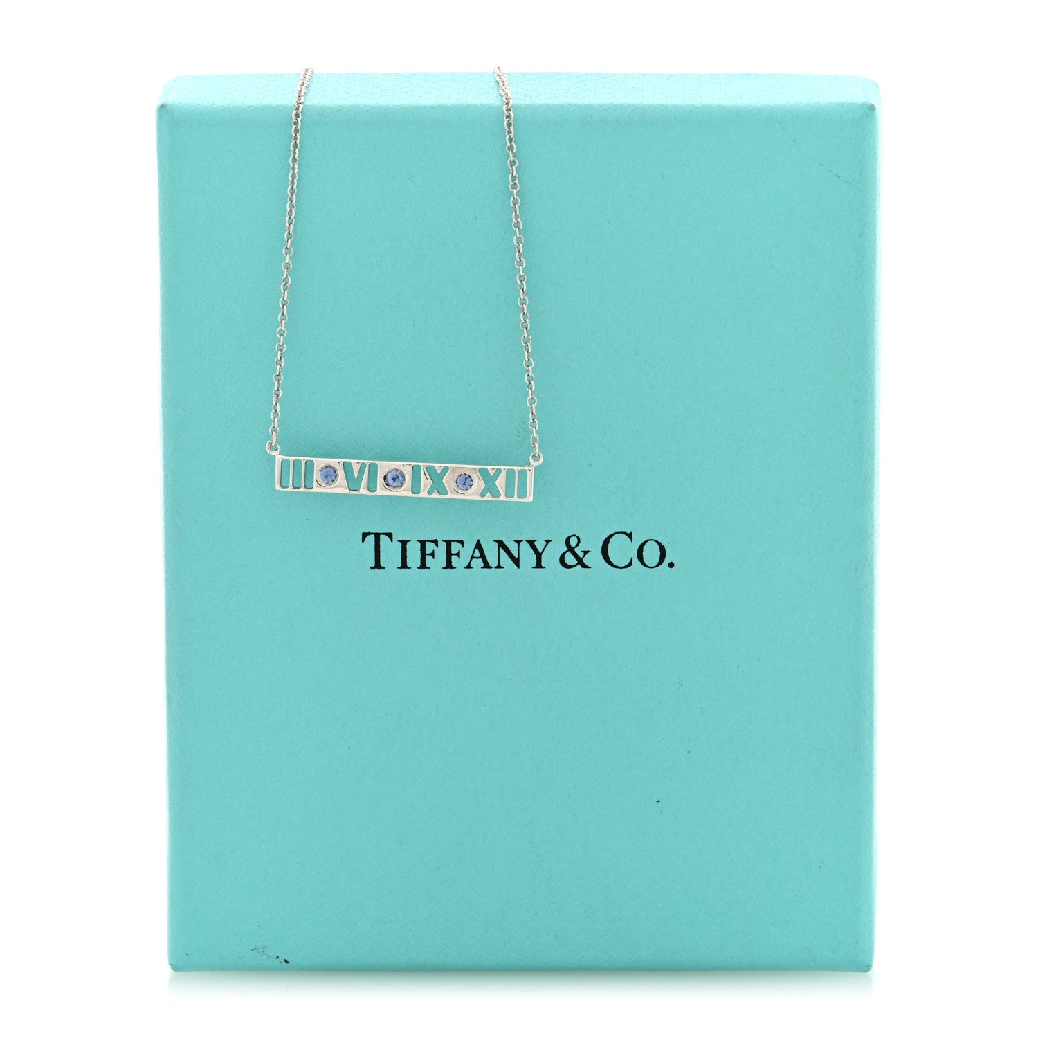 Tiffany Sterling Silver Blue Sapphire Atlas Bar Pendant Necklace 5 of 5