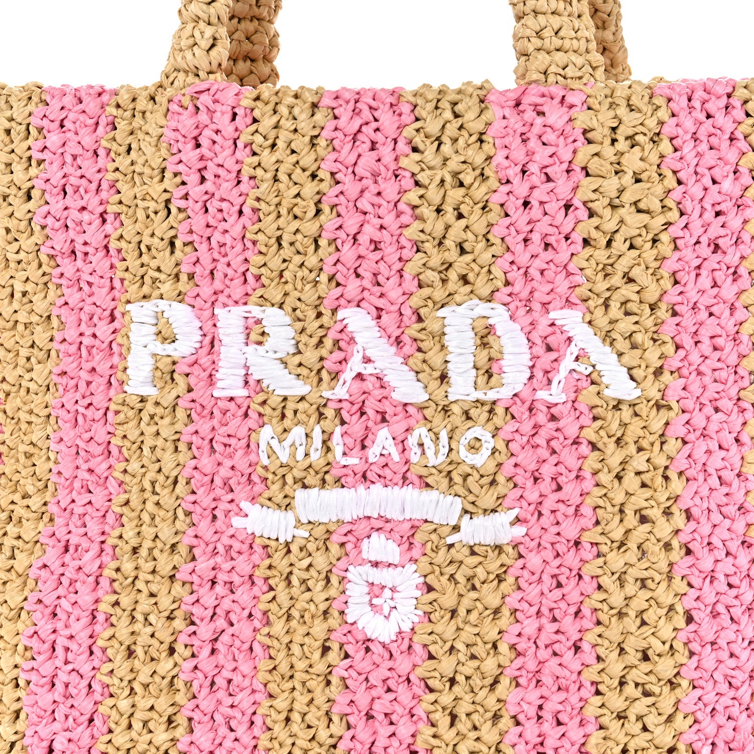 Prada Yarn Raffia Effect Crochet Striped Small Logo Tote Naturale Petalo 8 of 10