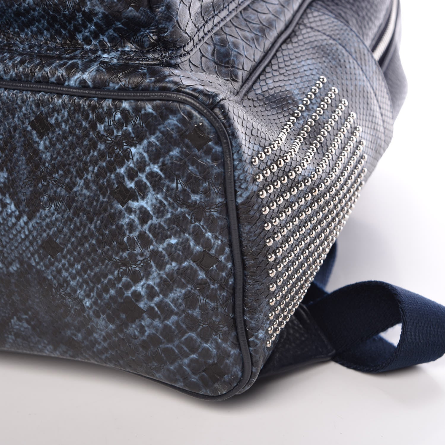MCM Snakeskin Embossed Visetos Studded Medium Stark Backpack Blue 12 of 14