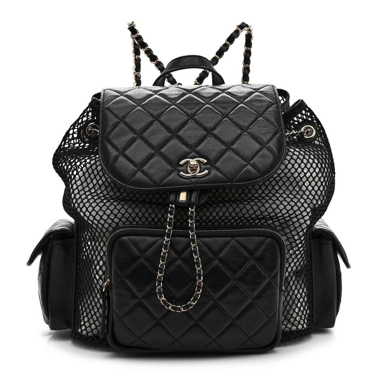 Shiny Lambskin Mesh Quilted Large Cargo Duma Drawstring Backpack Black