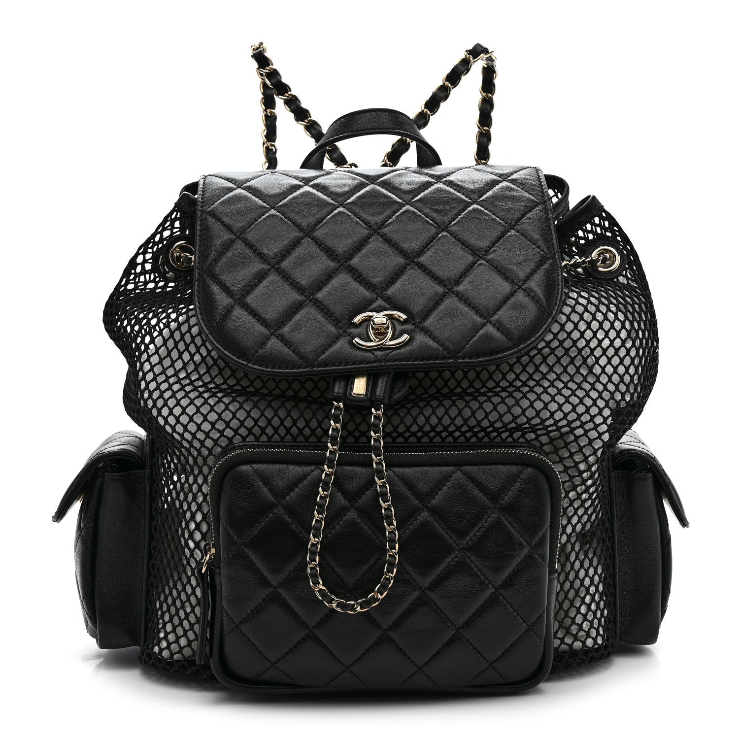 Chanel Shiny Lambskin Mesh Quilted Large Cargo Duma Drawstring Backpack Black 1 of 12