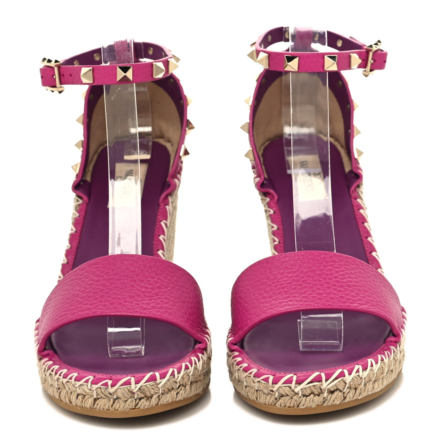 Valentino Garavani Grained Calfskin Rockstud Ankle Strap Espadrille 15/105mm Wedge Sandals 38 Rose Violet Prune 2 of 9