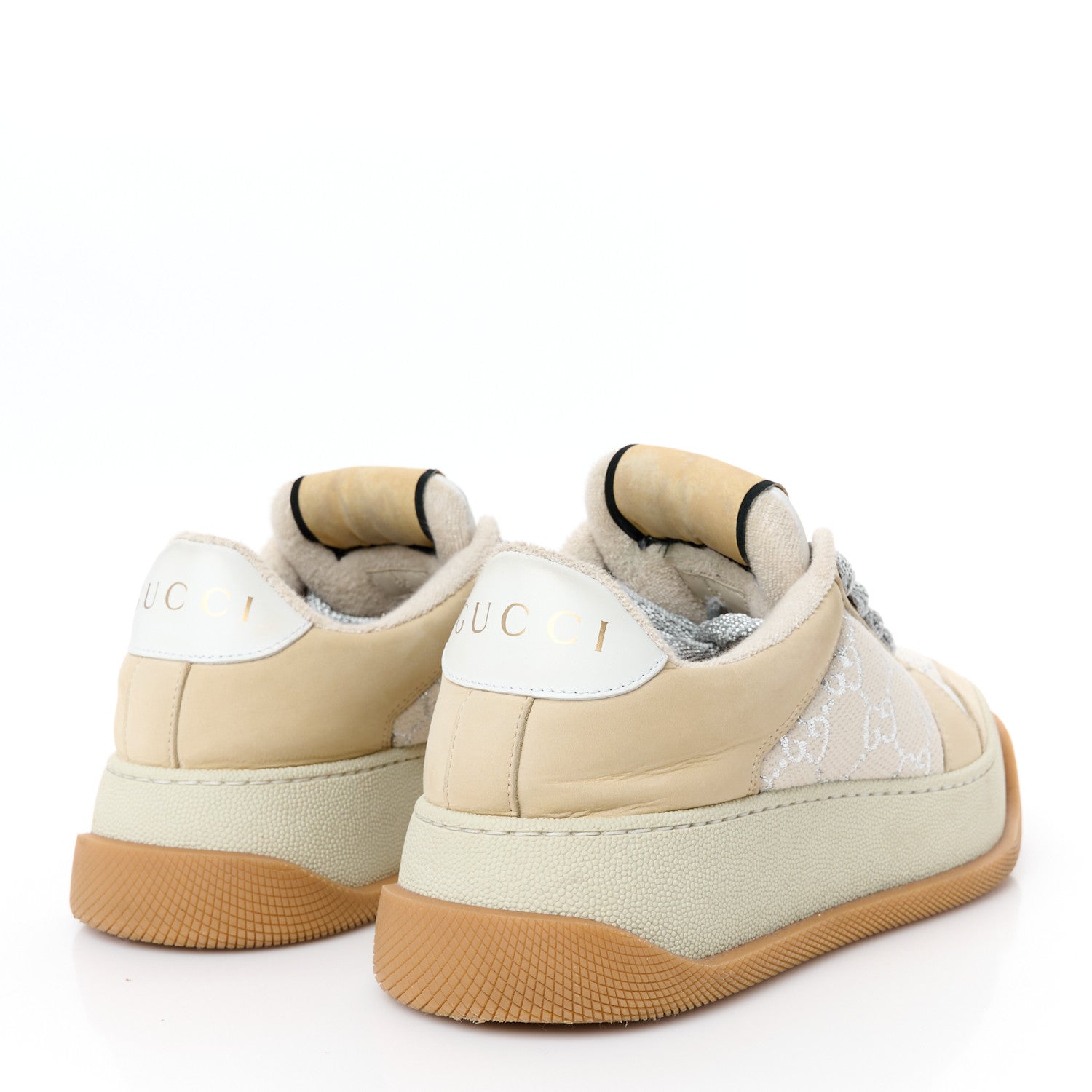 Gucci Lame Canvas Nubuck GG Monogram Womens Screener 50mm Sneakers 35 Gardenia Silver Dusty Milk White Mystic White 5 of 8