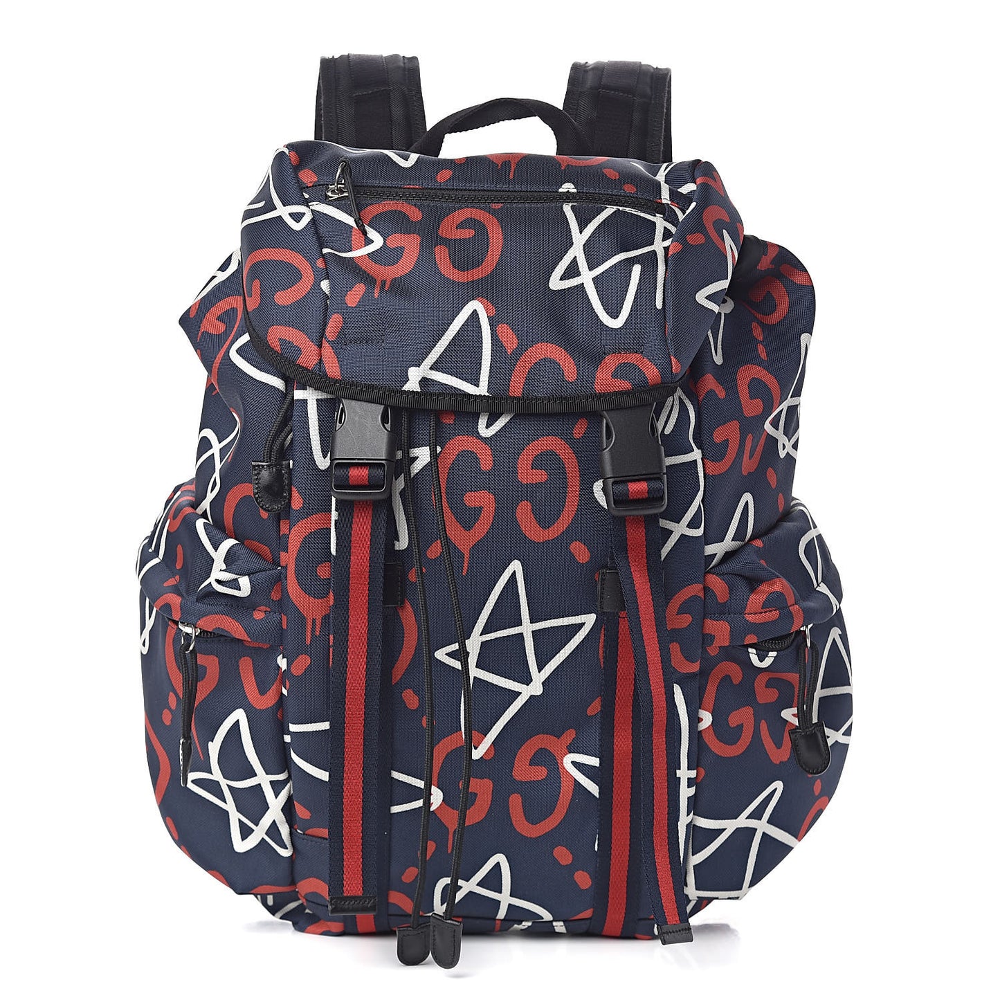 Techno Canvas GucciGhost Double Buckle Backpack Blue Agata Hibiscus Red