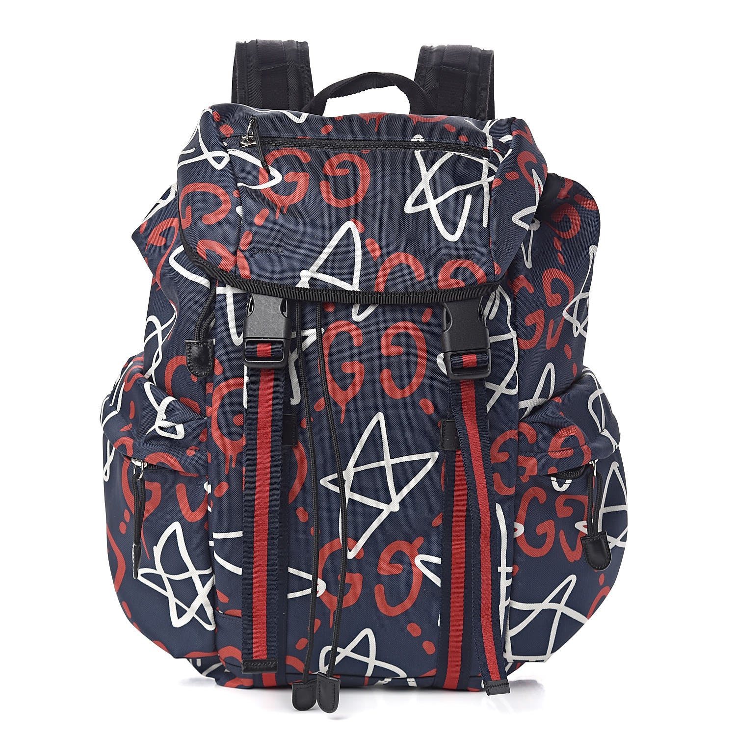 Gucci Techno Canvas GucciGhost Double Buckle Backpack Blue Agata Hibiscus Red 1 of 11