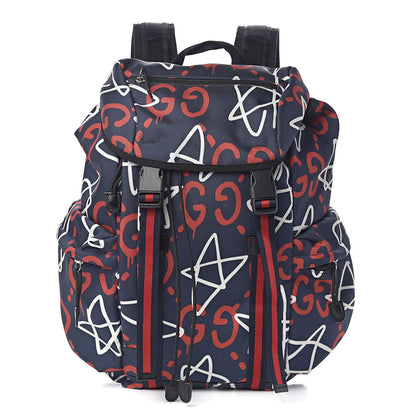 Gucci Techno Canvas GucciGhost Double Buckle Backpack Blue Agata Hibiscus Red 1 of 11