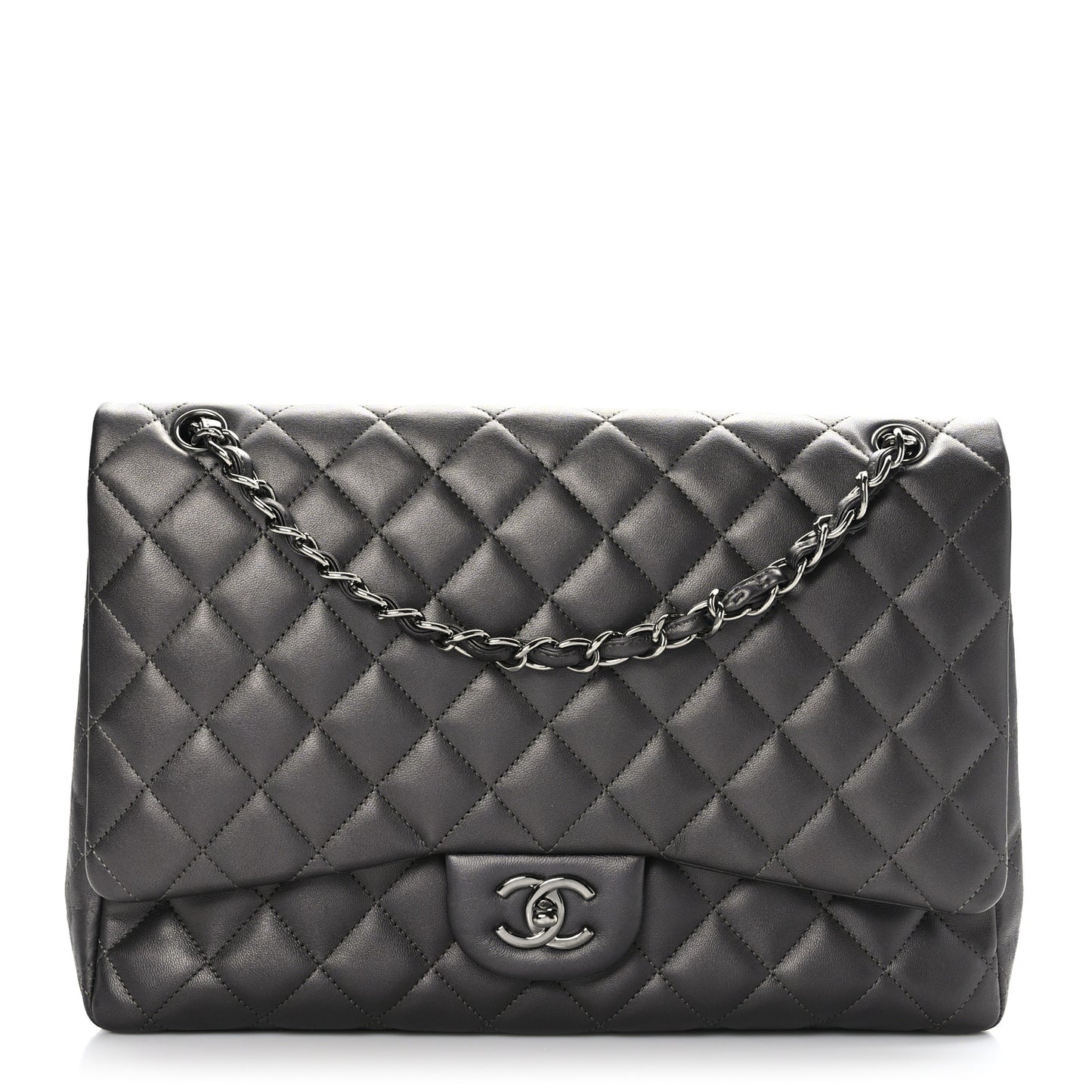 Metallic Lambskin Quilted Maxi Single Flap Grey