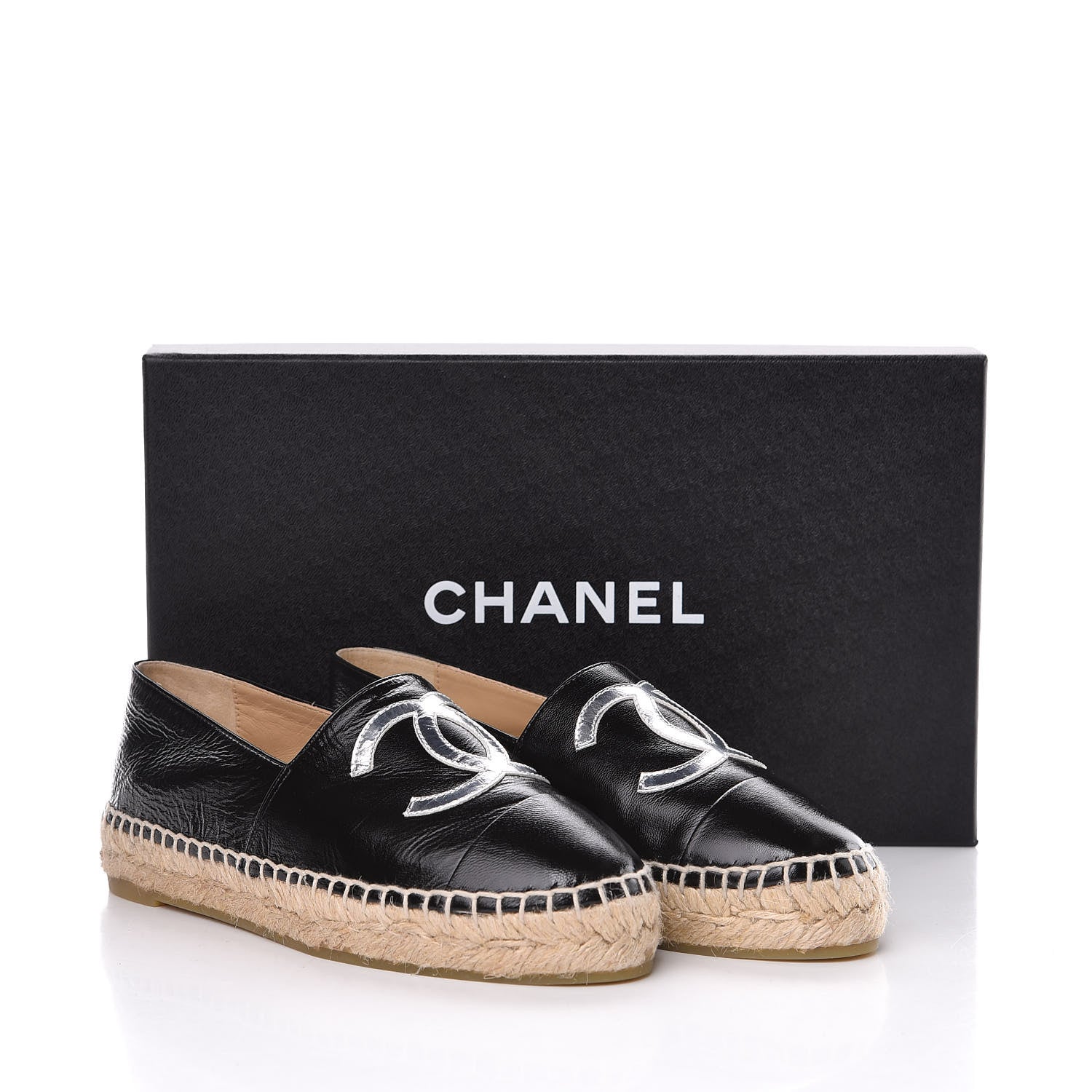 Chanel Metallic Lambskin Grosgrain CC Espadrilles 34 Black 9 of 9