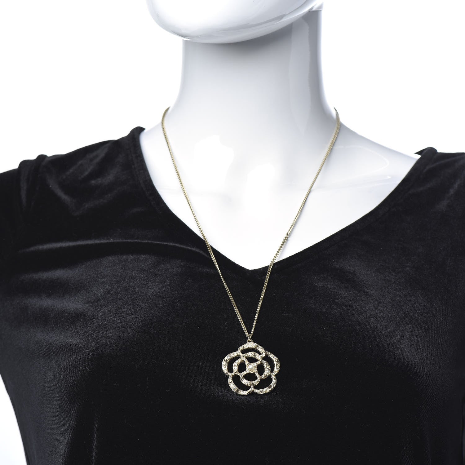 Chanel Pearl Crystal Large Camellia Pendant Necklace Light Gold 2 of 6