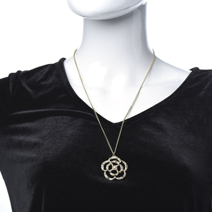 Chanel Pearl Crystal Large Camellia Pendant Necklace Light Gold 2 of 6