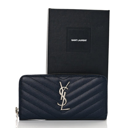 Saint Laurent Grain De Poudre Matelasse Chevron Monogram Zip Around Wallet Deep Marine 8 of 8